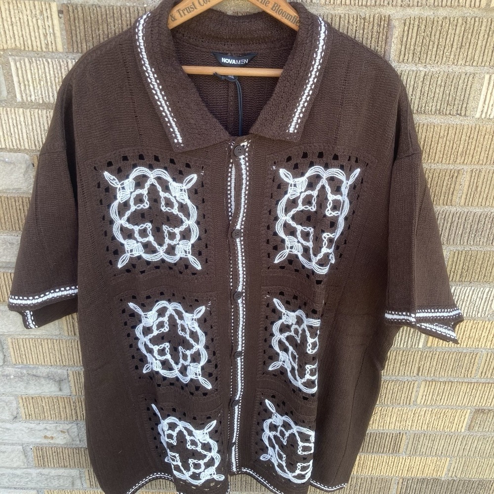 Granny Square Crochet Knit Shirt Short Sleeve Men's 3XL Brown Boho Sweater